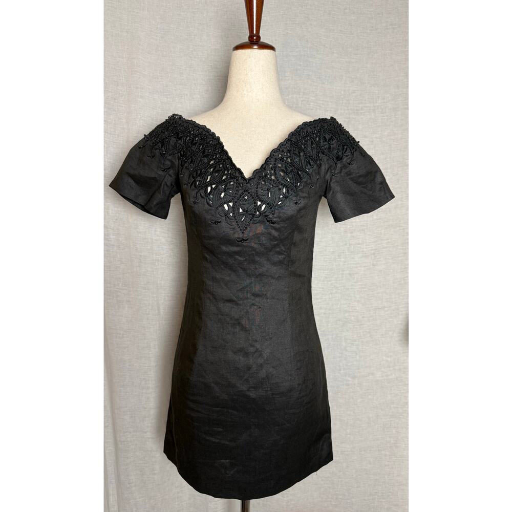 Vtg Pia Rucci Black Ramie Beaded Off Shoulder Scallop Cocktail Mini Dress
Size 4